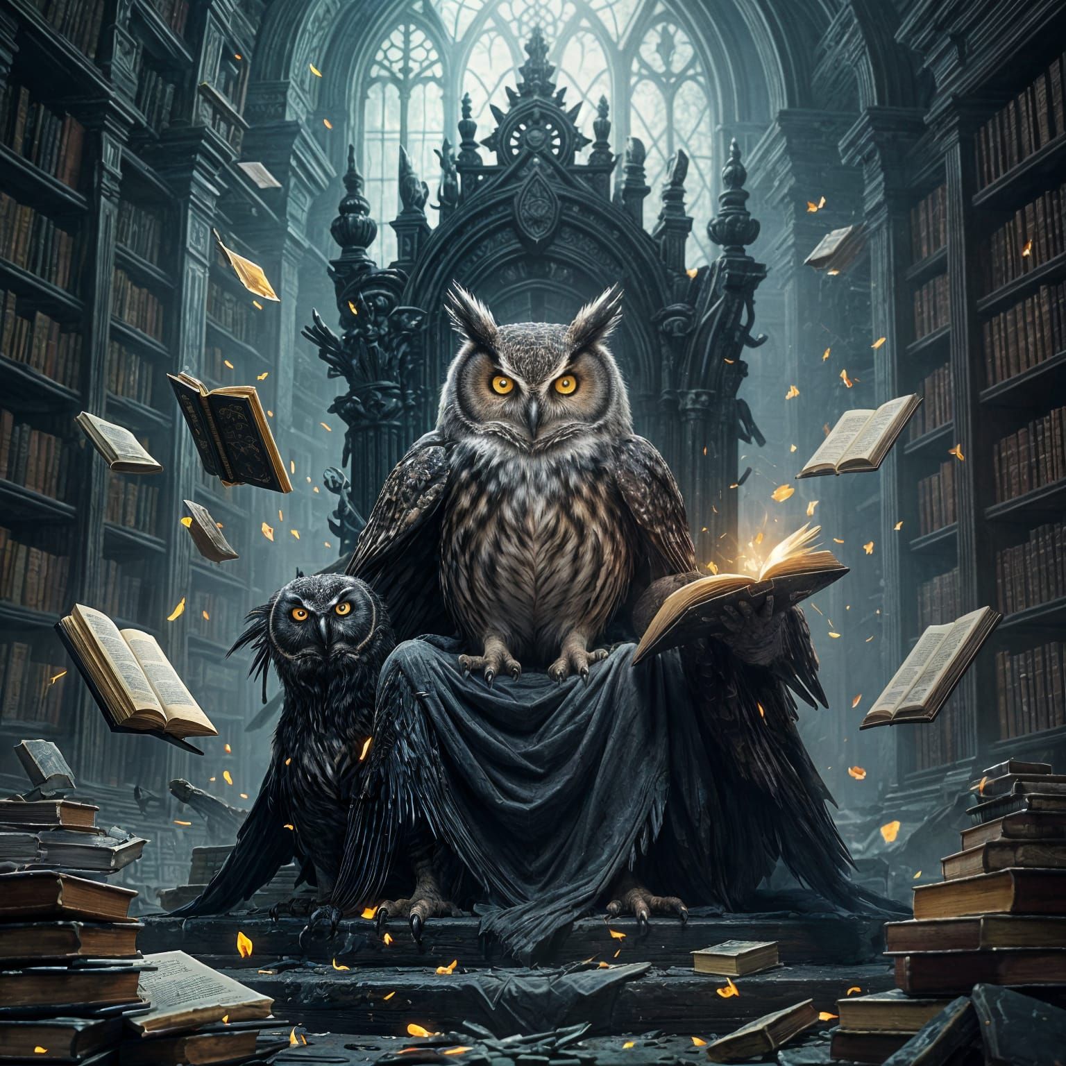Ancient Owl Guardian of Forbidden Library in Dark Fantasy St...