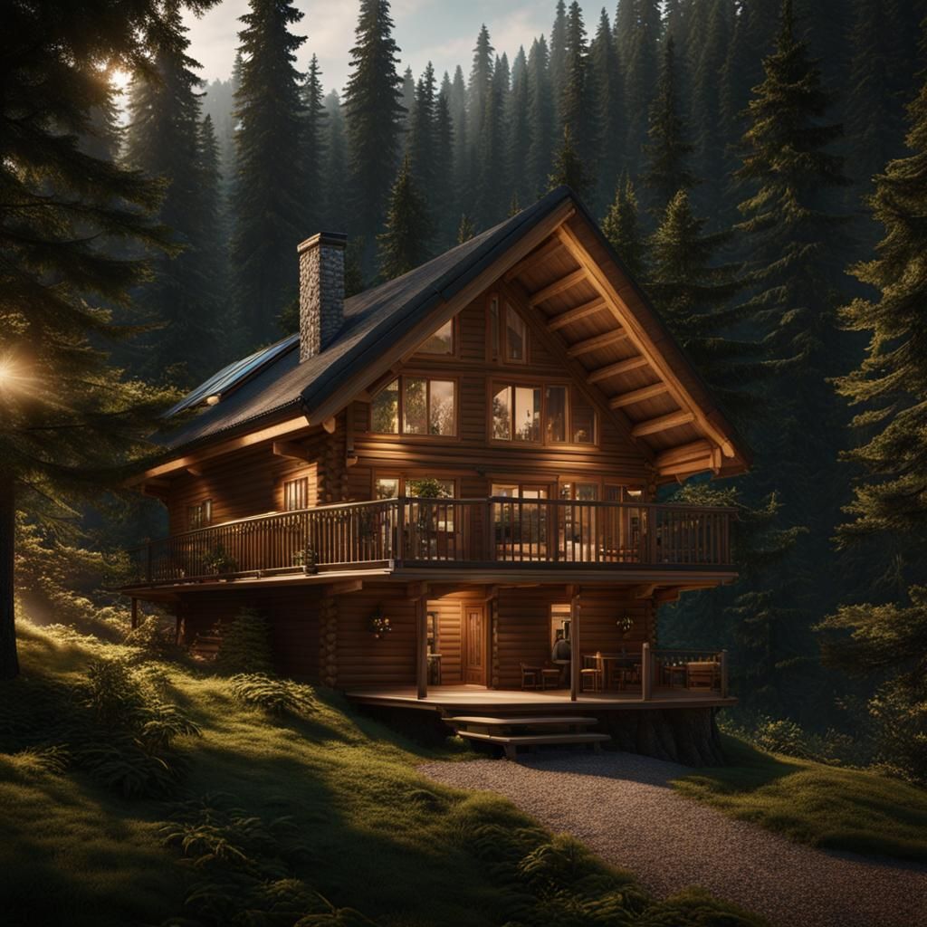 Chalet in Coniferous Forest at Sunrise: Aerial View