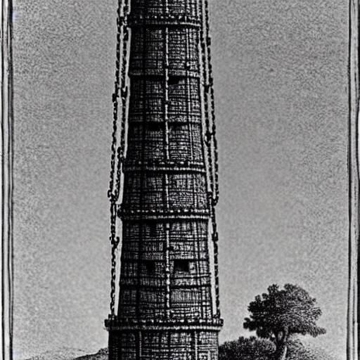 Based on the image you described, it appears to be a depiction of a tower with multiple chains attached to it.he tower i...