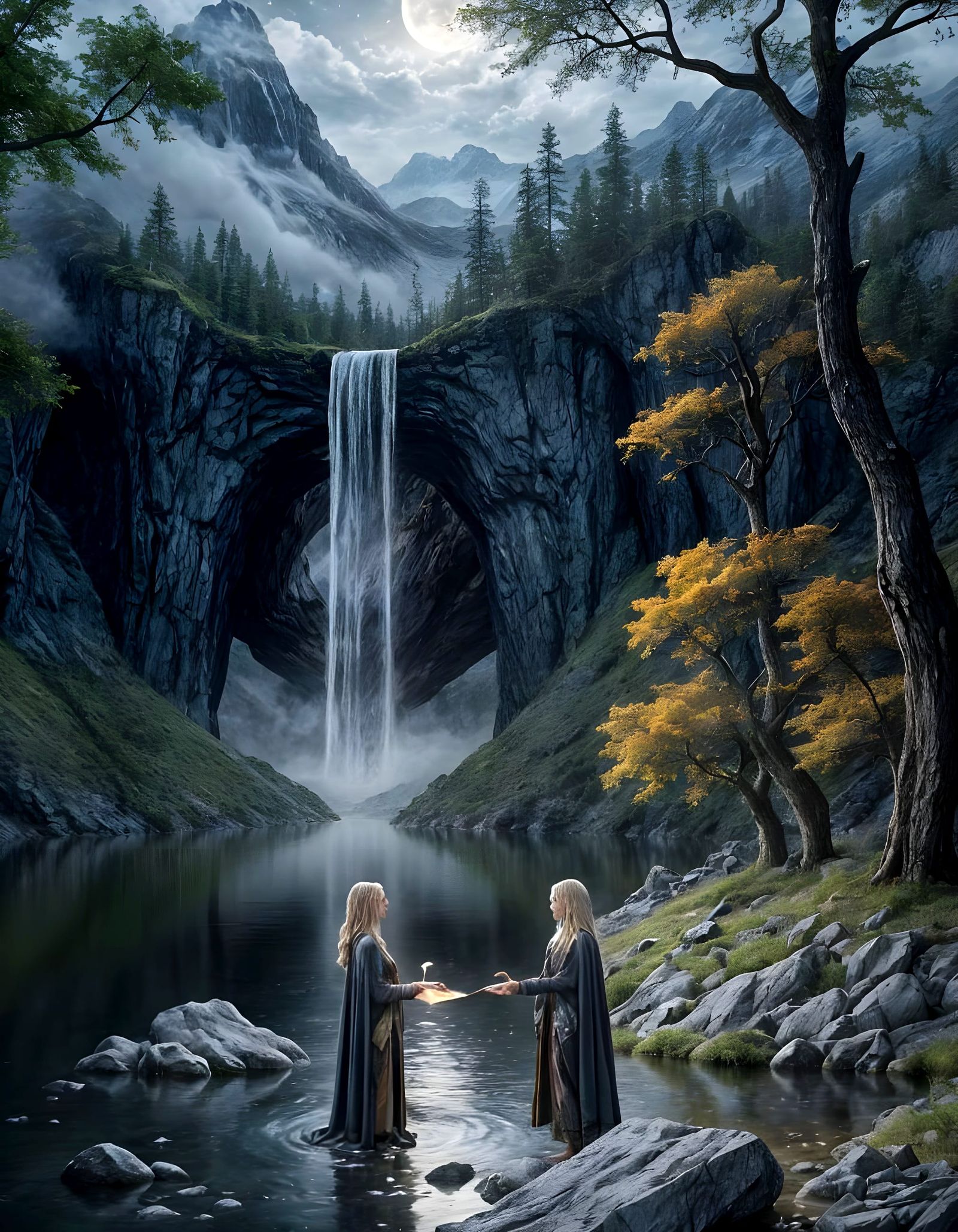 Mystical Blonde Women by Lake in Fantasycore Style