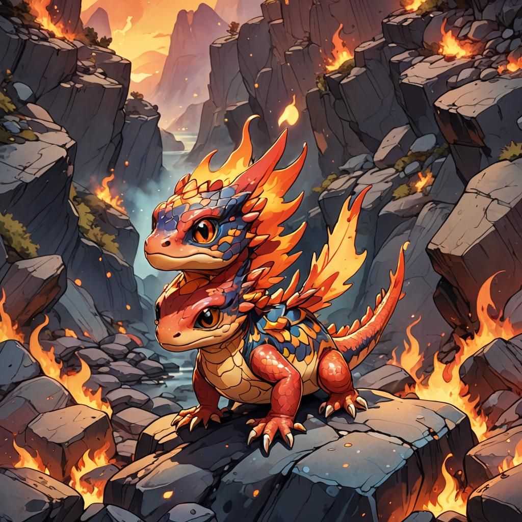 Chibi Phoenix Salamander Illustration in Anime Style