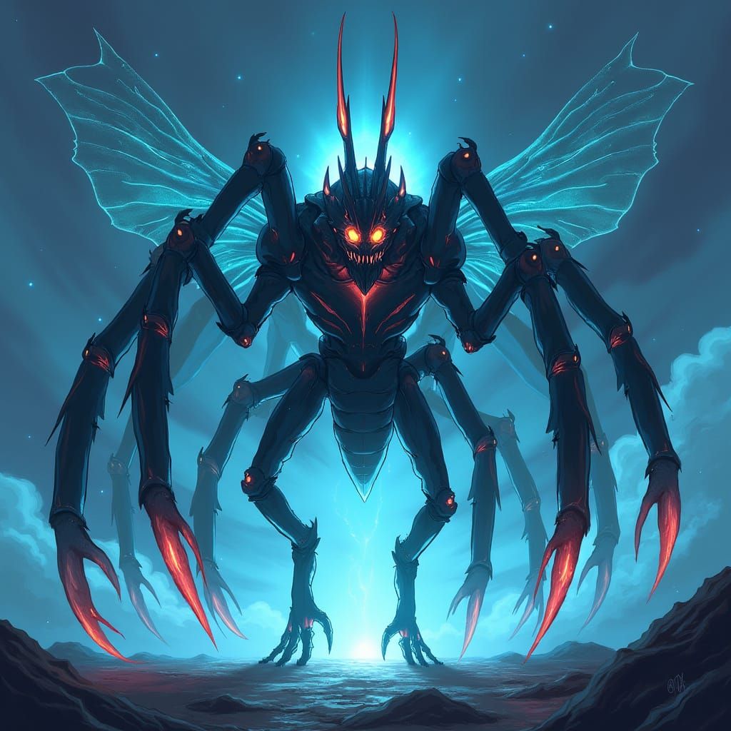 Glowing Insectoid Predator Emerges from Darkness