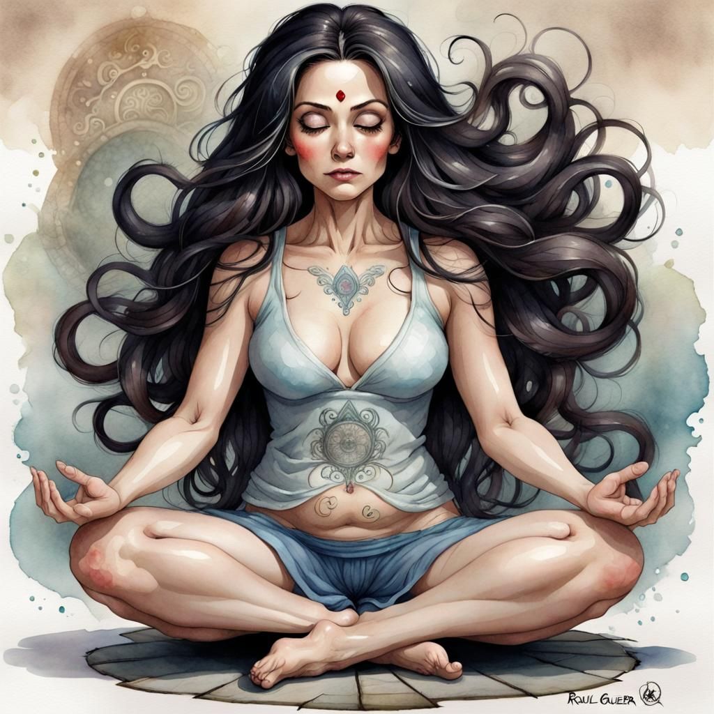 Meditating Woman with Flowing Hair in Watercolor Style