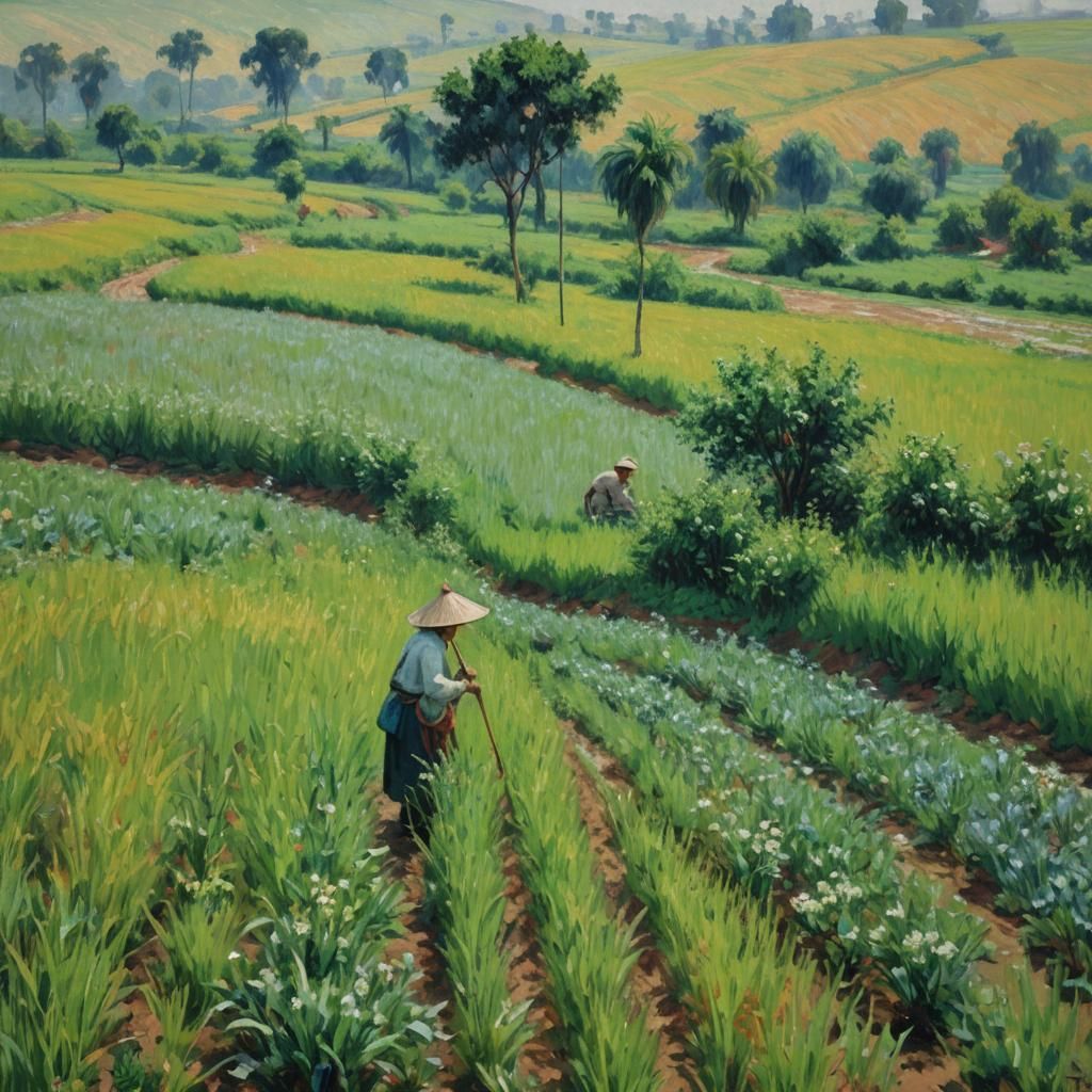 Lush Rice Paddies at Dawn as Impressionist Oil Painting