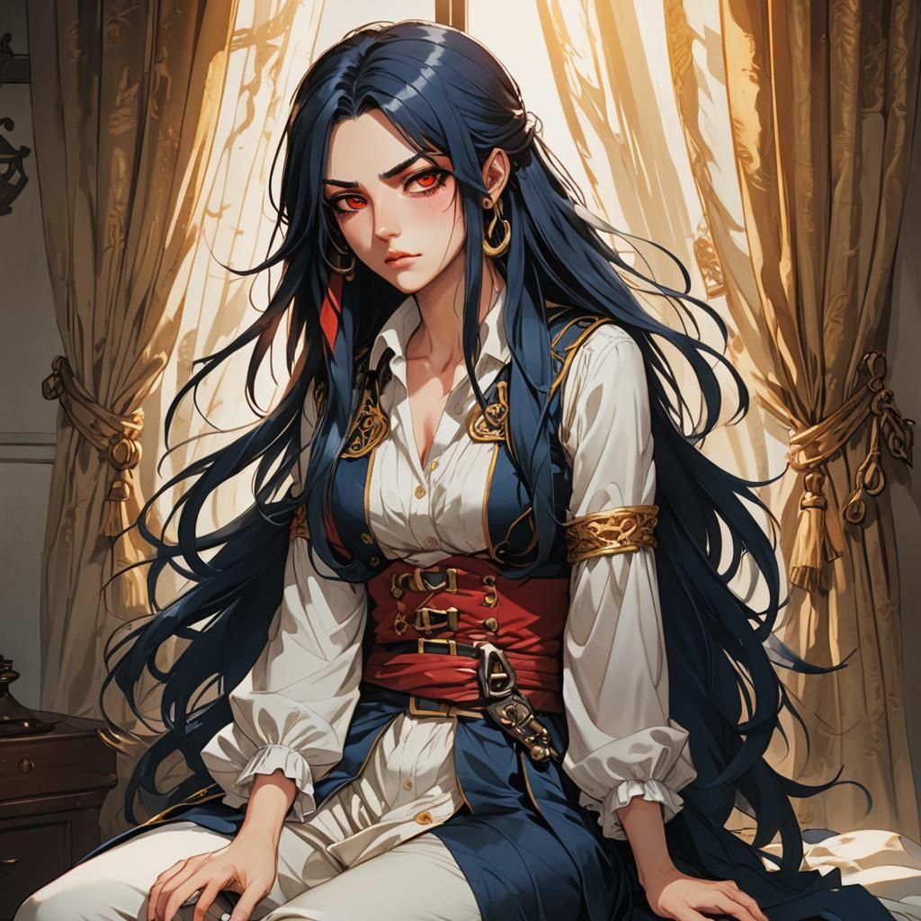 Tomboy Pirate with Red Eyes in Manhwa Style