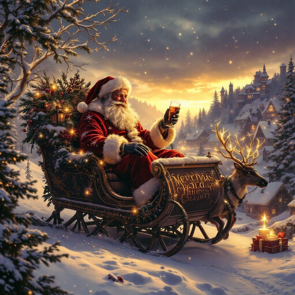 Santa's Sleigh Ride in Art Nouveau Style