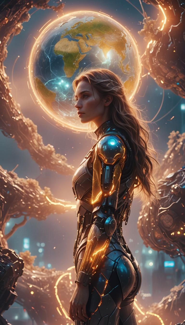 Woman Embracing Earth in Sci-Fi Style