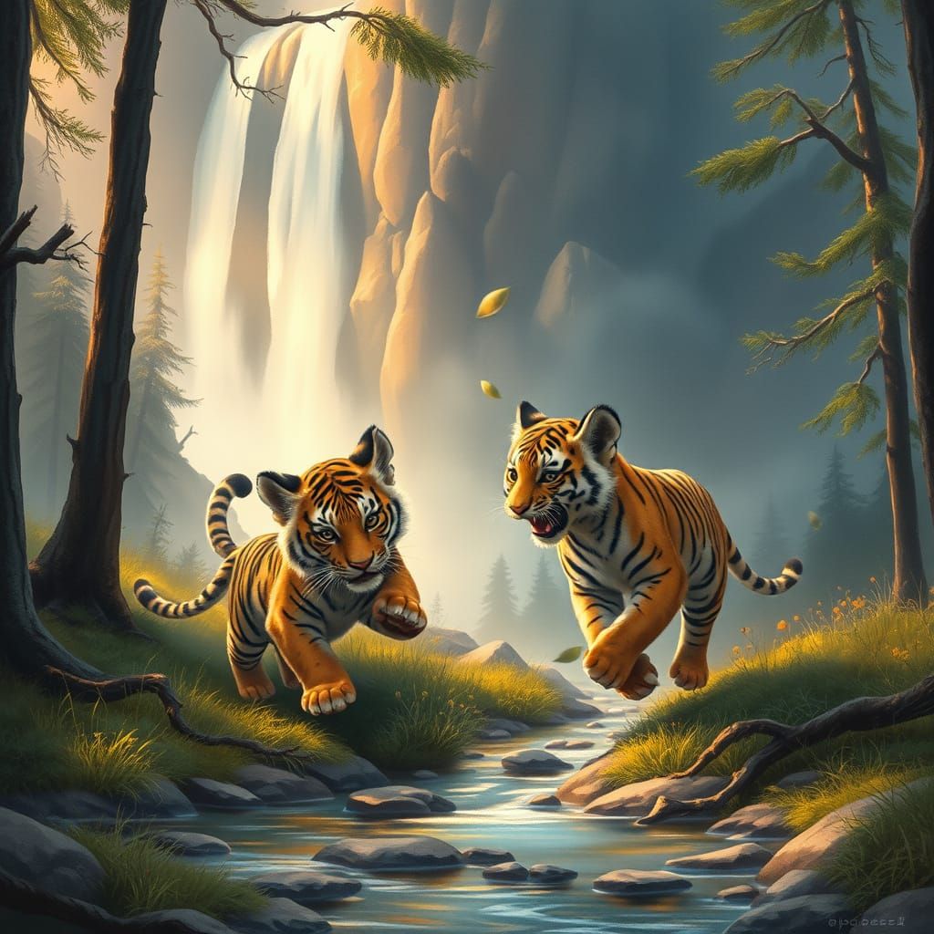 Tiger Cubs Playing in Mystical Forest, Watercolor Style