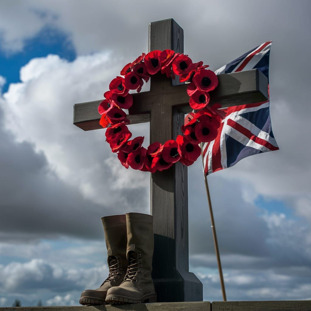 Poignant Remembrance Display with Poppies and Union Jack