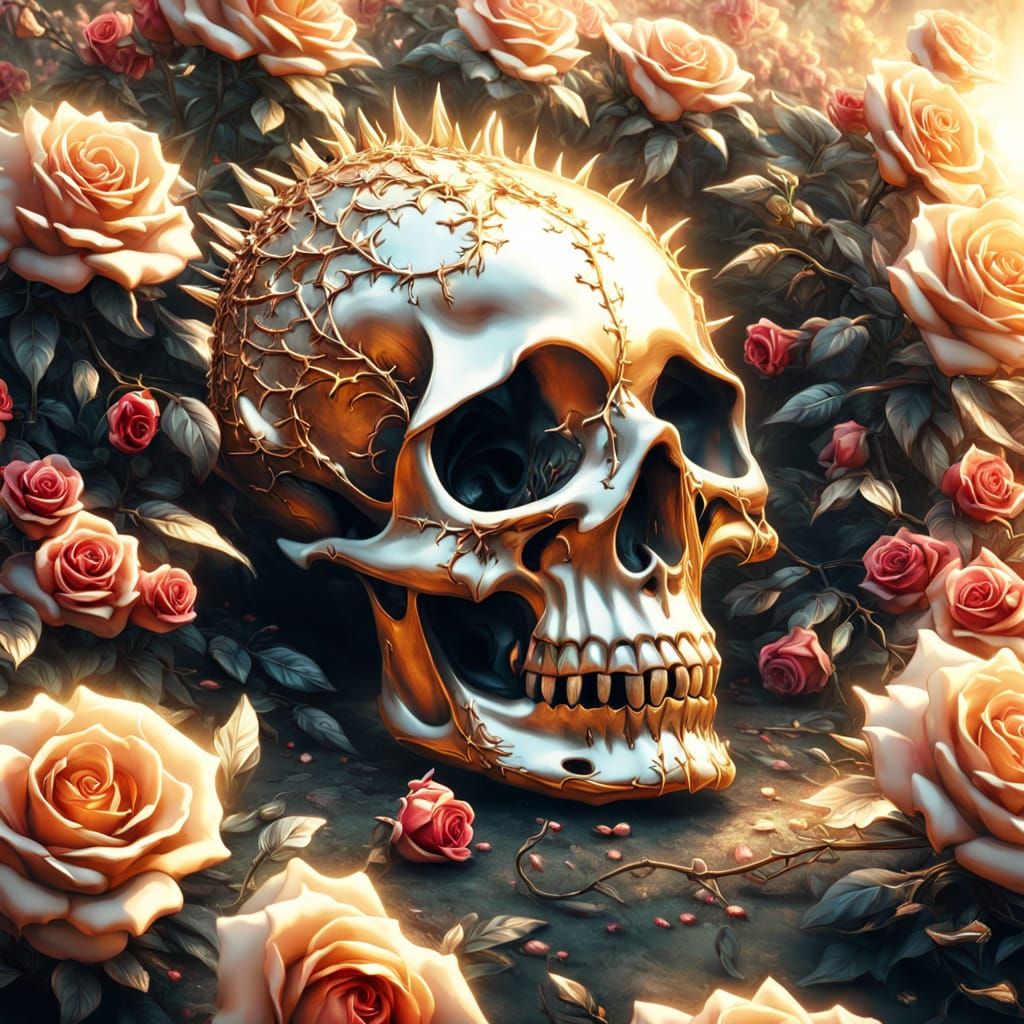 Dramatic Skull Surrounded by Roses in Golden Light