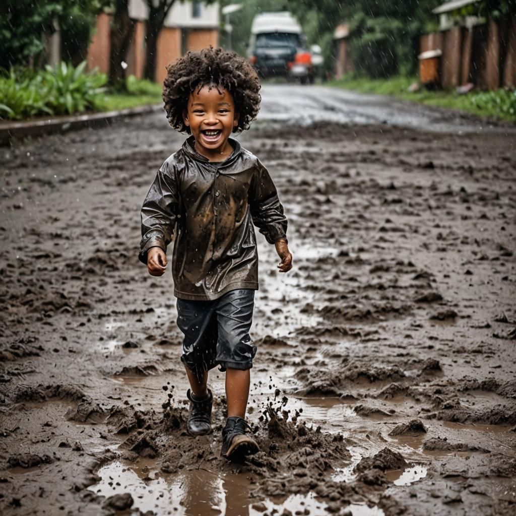 Joyful Child Playing in Mud and Rain