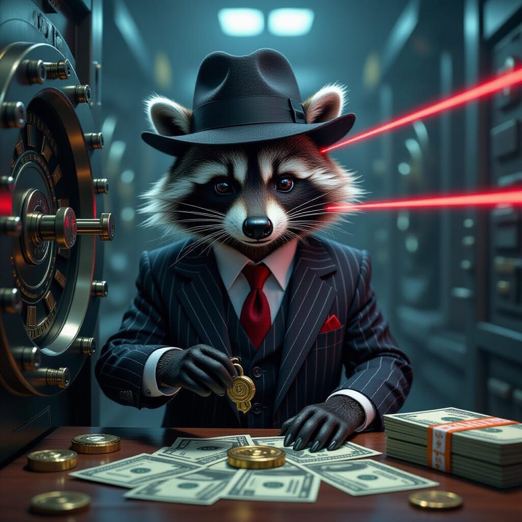 Raccoon Heist: A Hyperrealistic Steampunk Vault Break-in