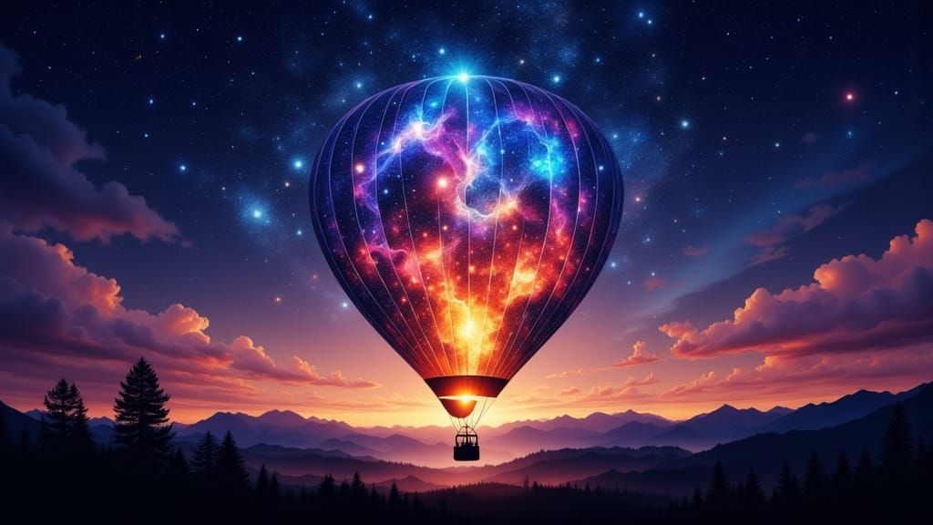 Luminous Hot Air Balloon in Night Sky