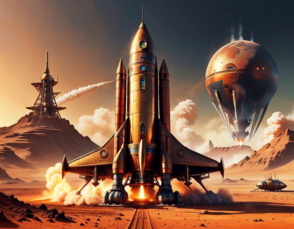 Steampunk Rocketship Landing on Mars in Art Deco Style