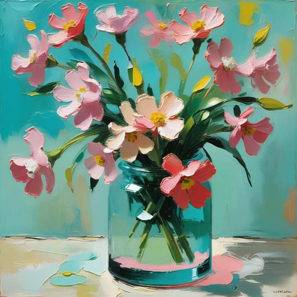 Impasto Still Life with Pink and Turquoise Flowers