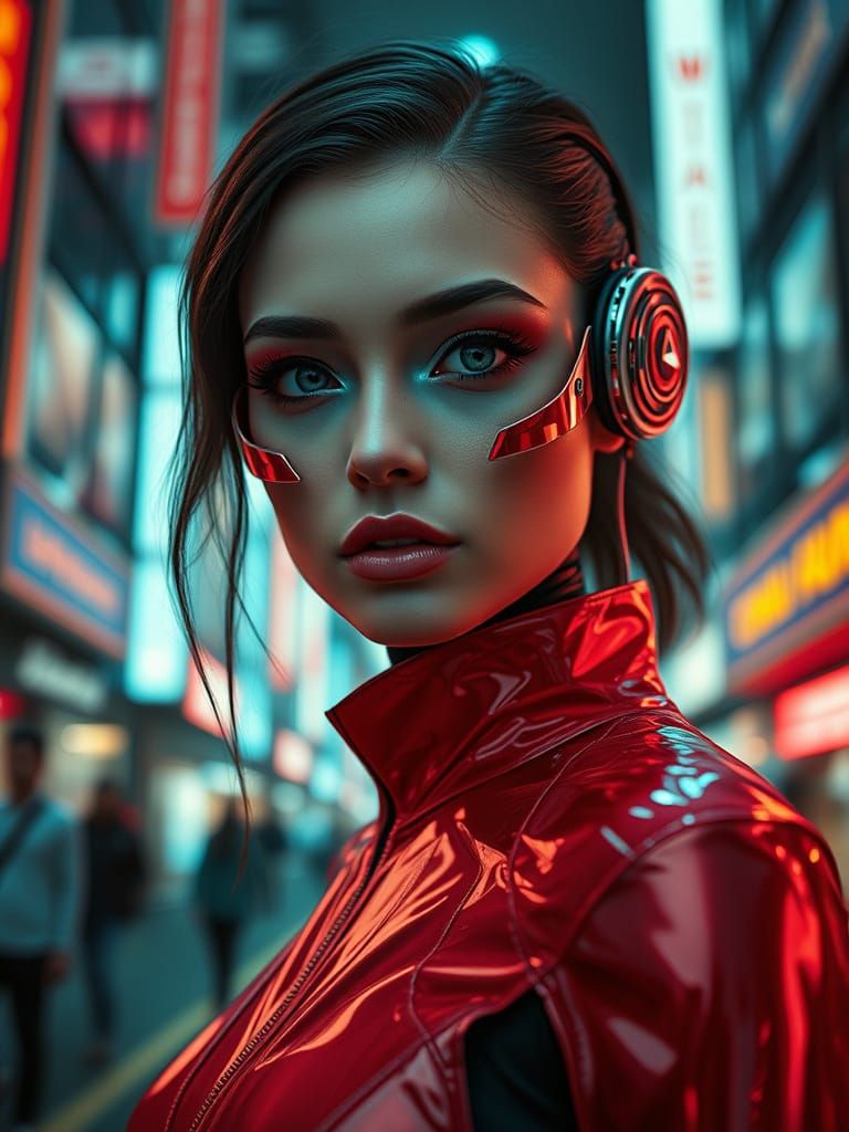 Cybernetic Woman in Neon Metropolis Fashion Photo