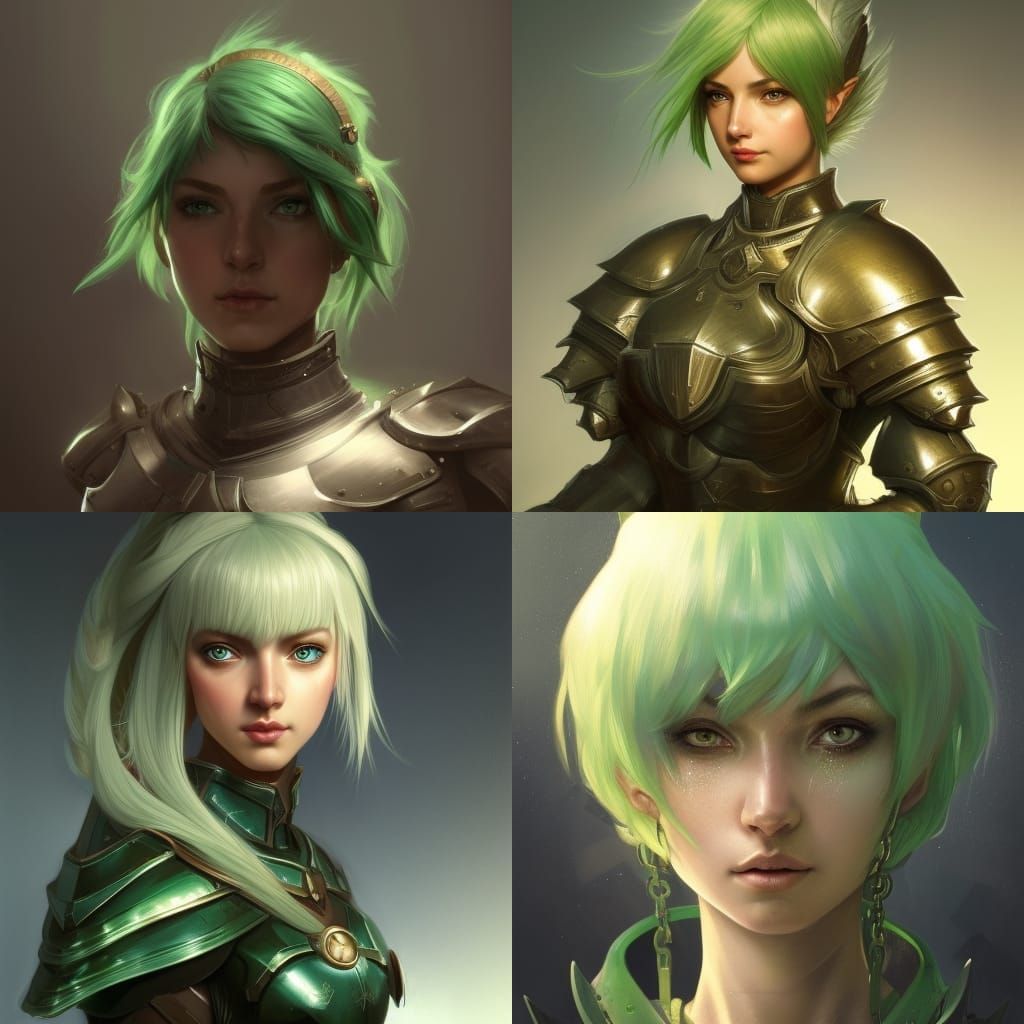 Green-Haired Elf Knight Portrait in Heavy Armor
