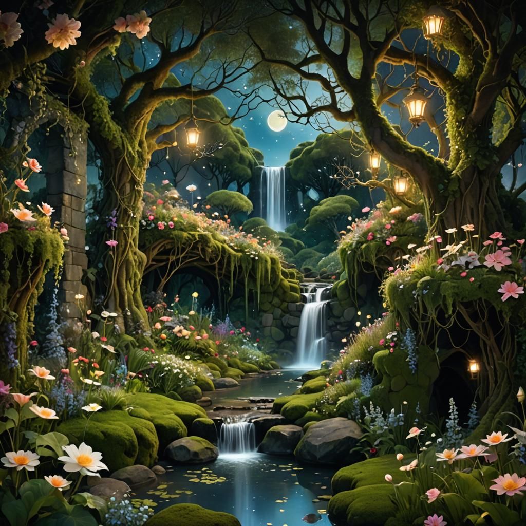 Fantasy Garden with Waterfall Under Starry Sky