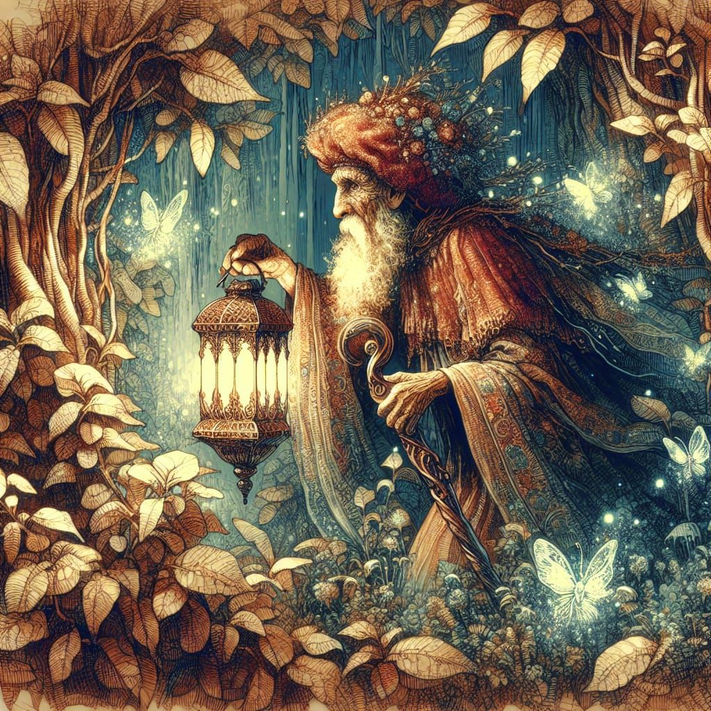 Antique Fairy in Forest with Lantern