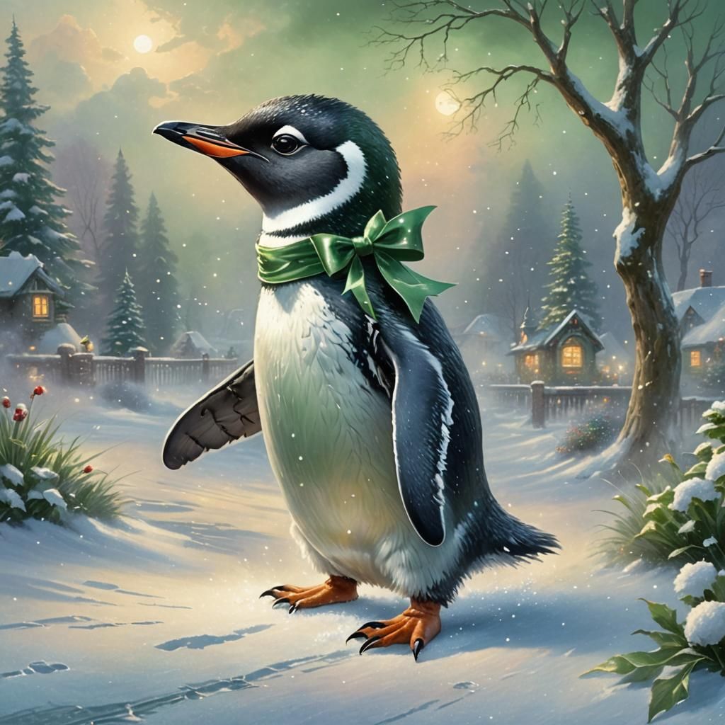 Penguin with Green Bow Jumping on Snow