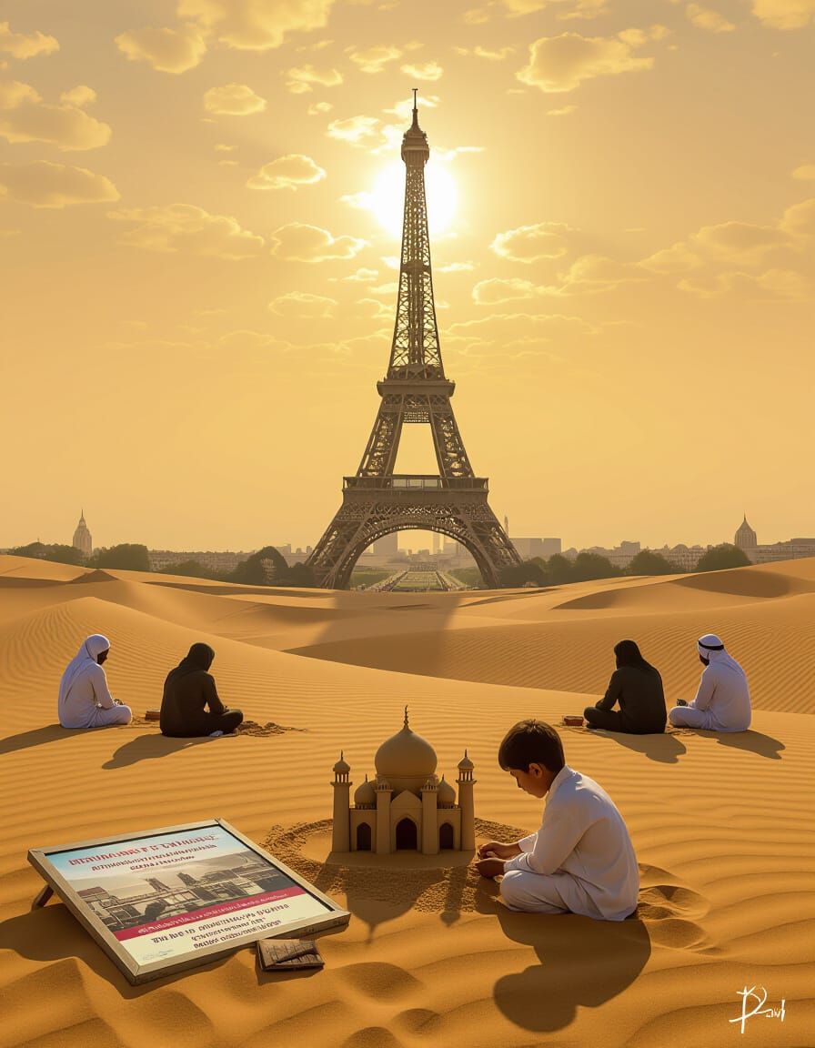 Surreal Desert Scene with Eiffel Tower and Contemplating Fig...