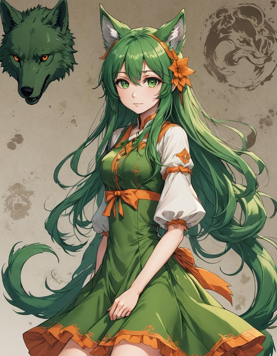 Anime Girl with Green Hair and Wolf Features