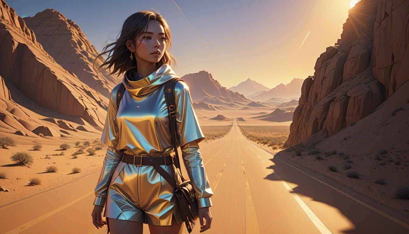 Anime Explorer Girl in Desert Prism Light