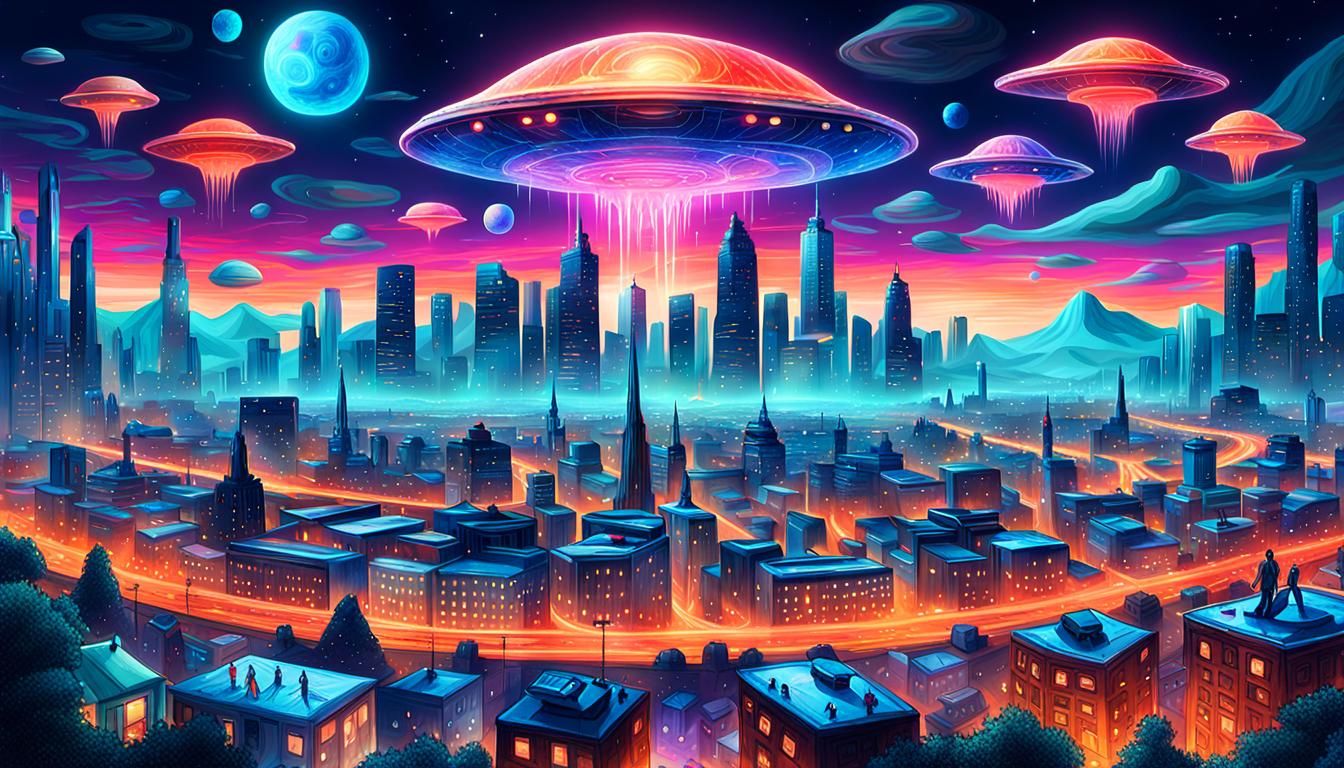 Cityscape at Dusk: UFO and Animals in Cosmic Art