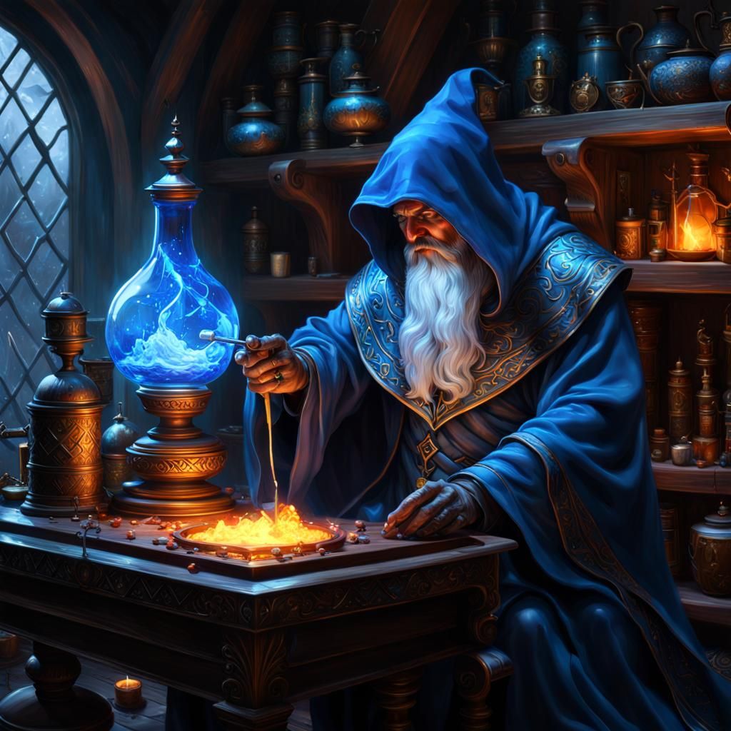 Arcane Wizard Brewing Potion, Dark Fantasy Concept Art
