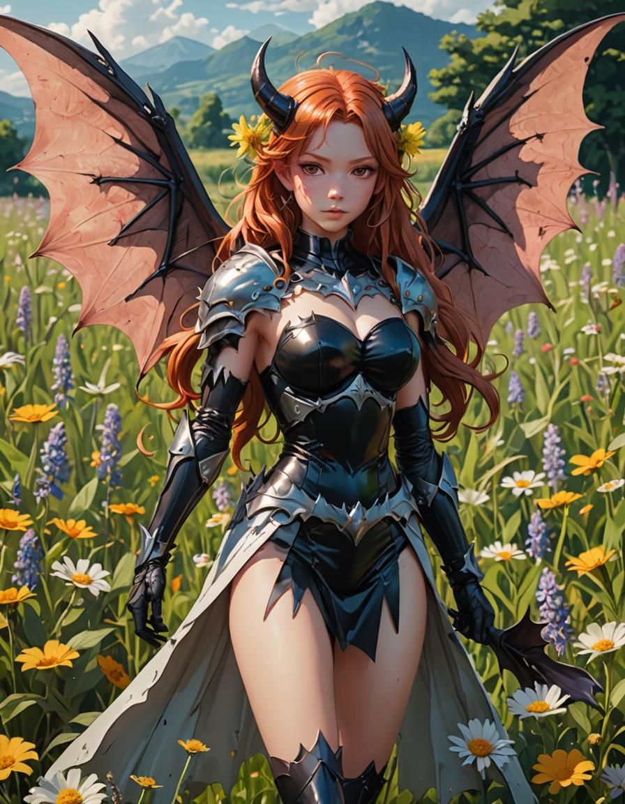 Ginger Devil in Wildflower Field: Anime Art