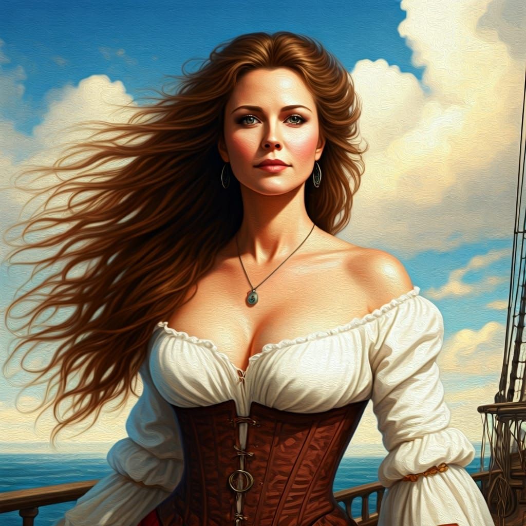 Beautiful Pirate on Deck, Detailed Oil Painting