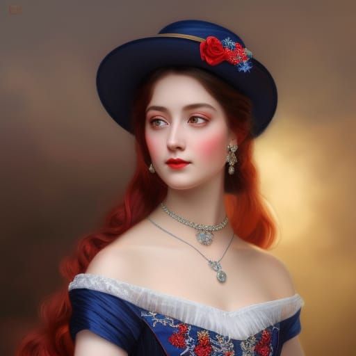 Victorian Lady in Red and Blue Dress