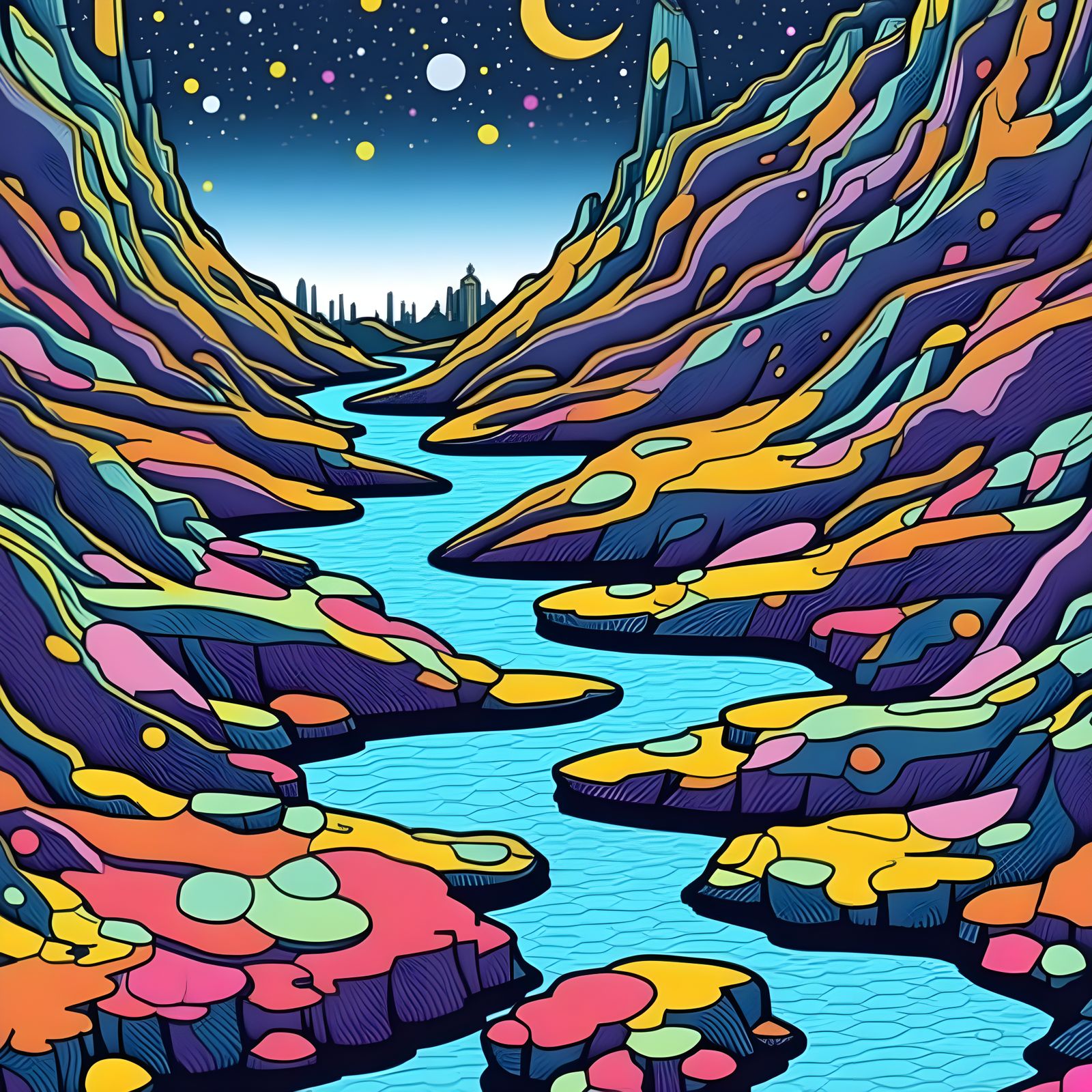 Hellscape River Scene in Bosch and Blake Style