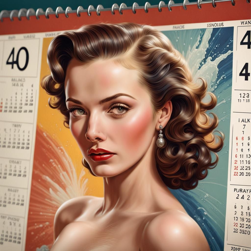 1940s Woman on Calendar: Hyperrealistic Splash Art