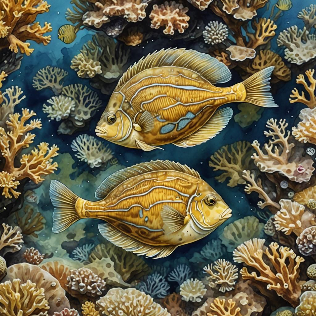 Flounder Swimming Near Reef: Watercolor Masterpiece