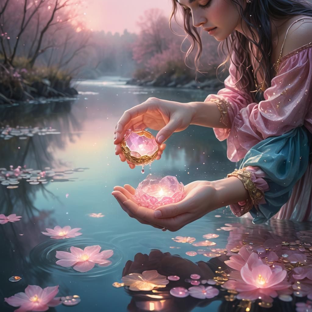 Person Holds Pink Treasure in Dreamy River