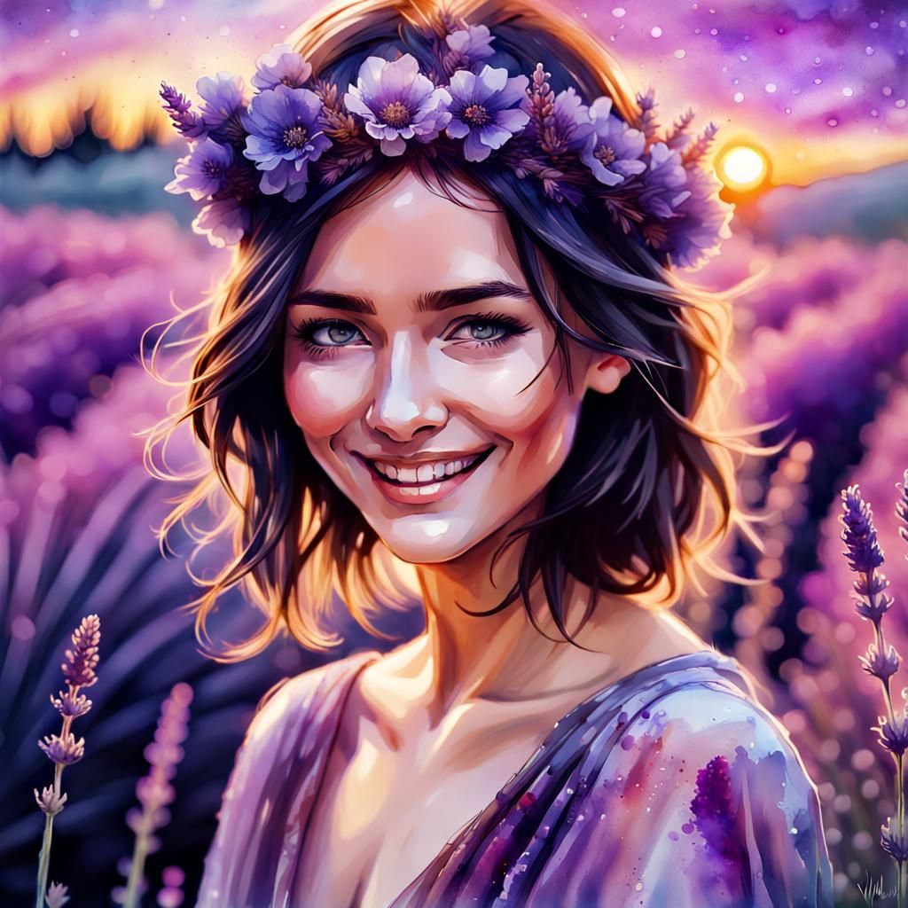 Beautiful Woman in Lavender Field, Watercolor Art