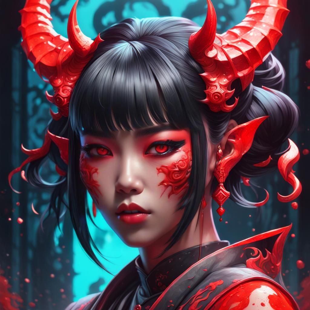tiktok jelly art style 
red and black asian demon girl head ...