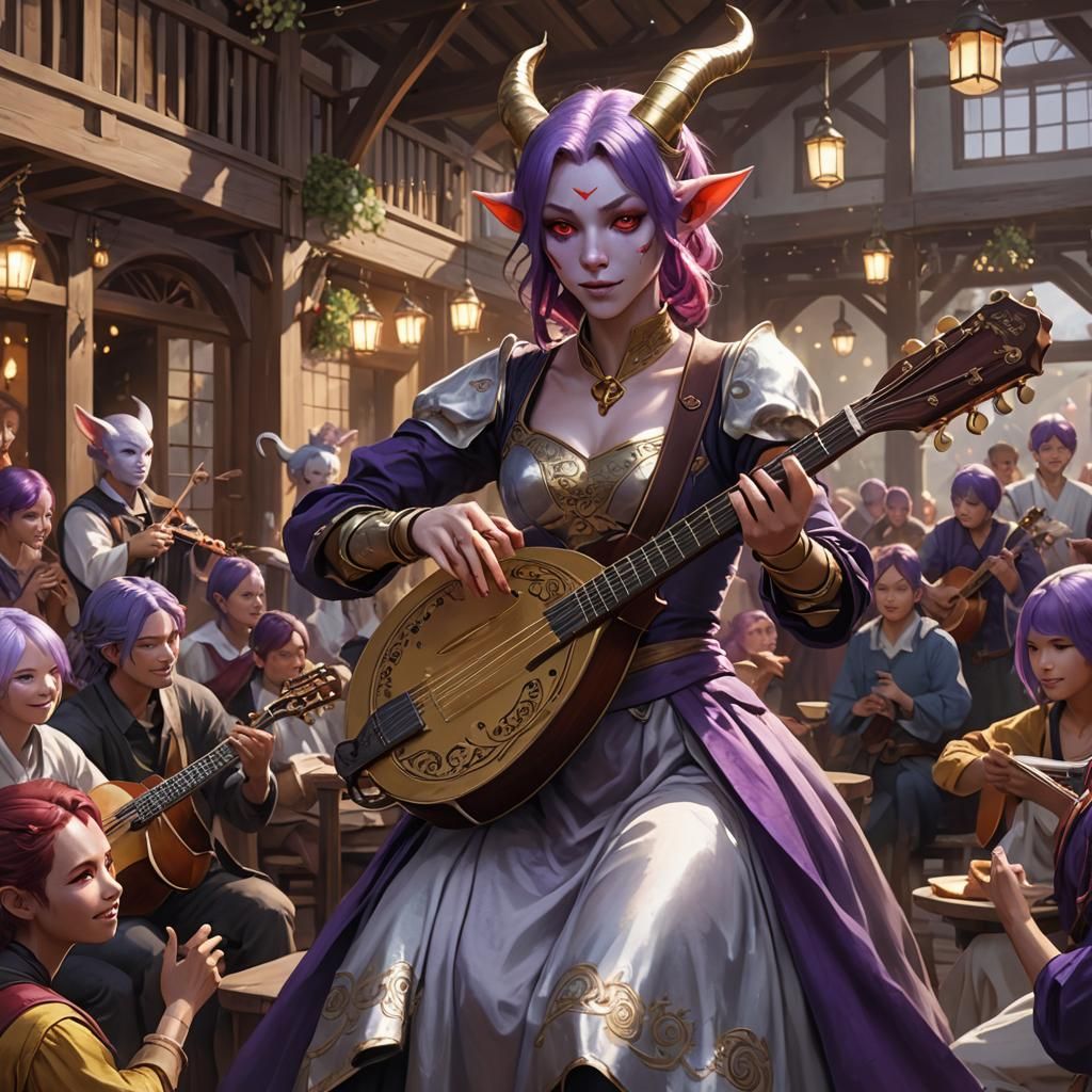 Tiefling Bard Performing at an Inn in Anime Style