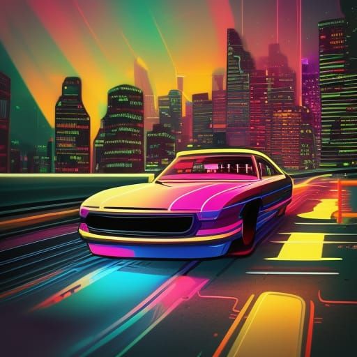 Synthwave Neon Car Drifting in Retro Style