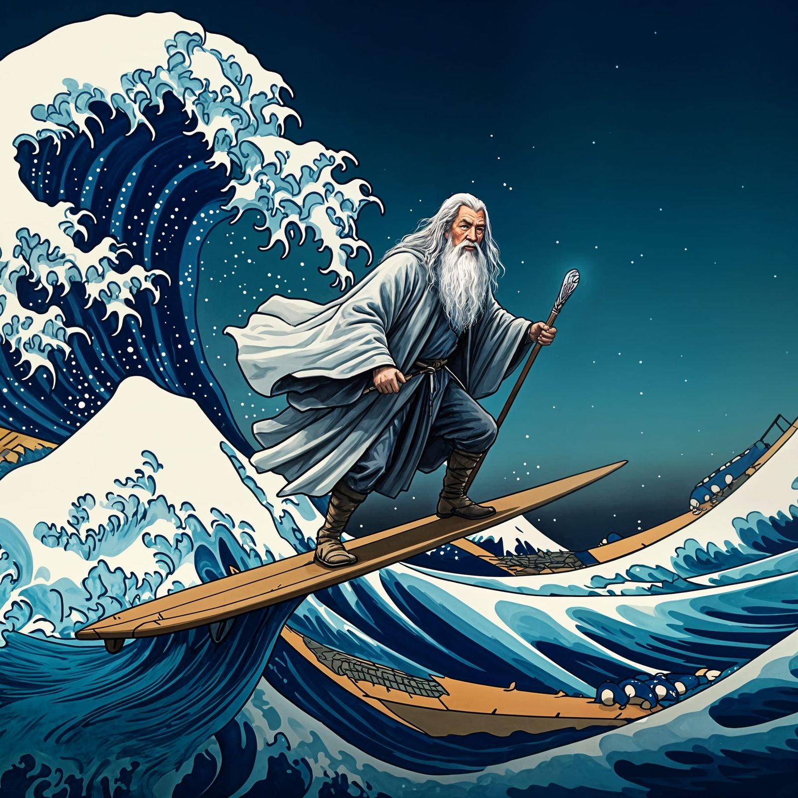 Gandalf Surfing Hokusai Wave: Japanese Woodblock Art