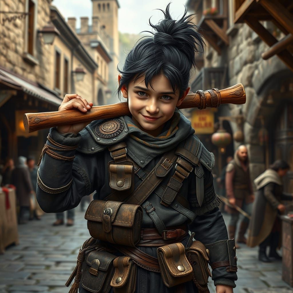 Cheerful Young Kender Fighter in Weathered Leather Armor