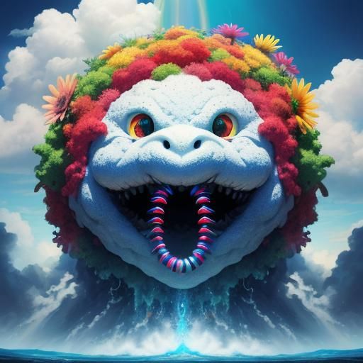 Smiling Cloud Creature Flower Monster with Rainbow
