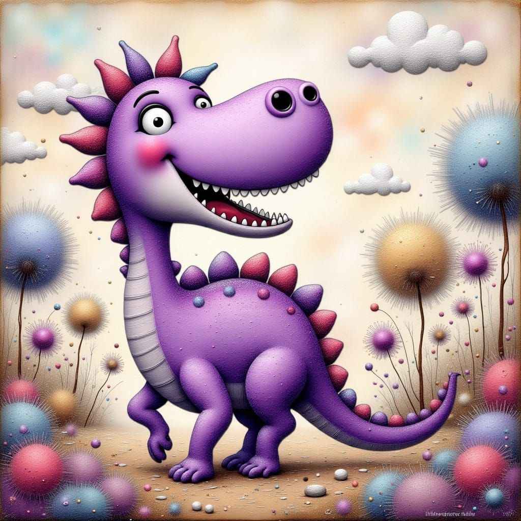 Purple Dinosaur in Whimsical Landscape: Children's Illustrat...