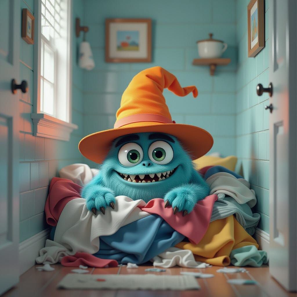 Cartoon Monster Mischief in a Laundry Scene