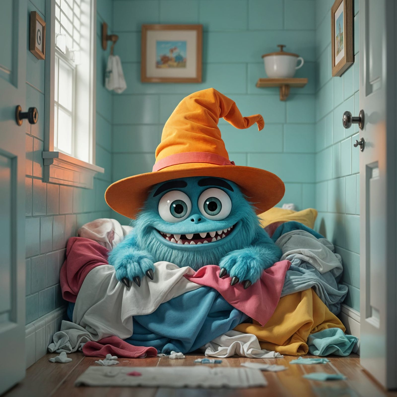 Whimsical Cartoon Monster in Messy Bathroom, 3D Render