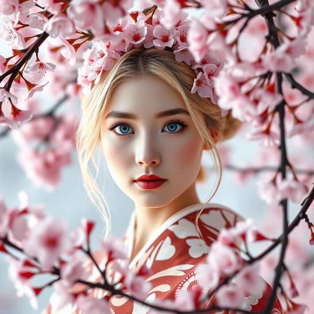 Japanese Woman with Cherry Blossom Kanzashi in Hyperrealism