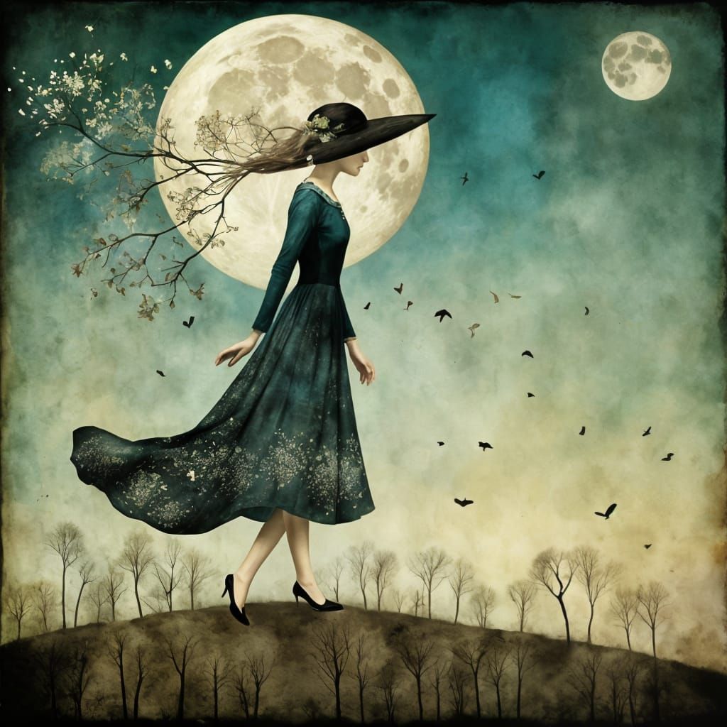 Whimsical Woman on Moon in Chagall Style