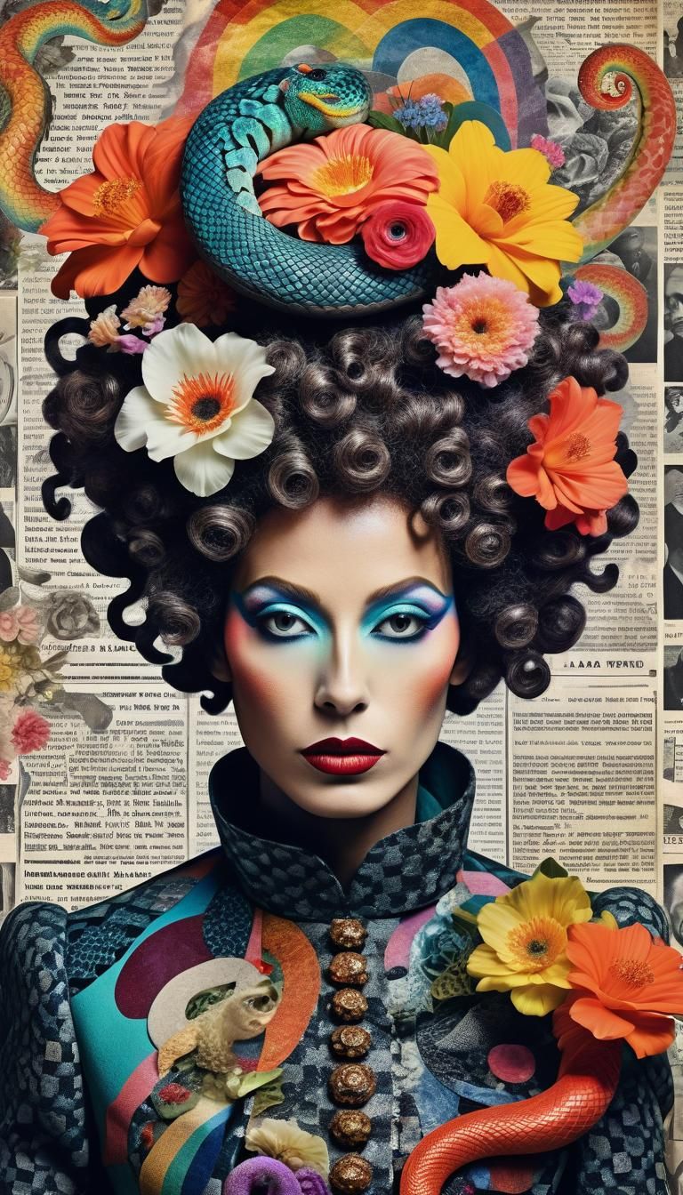 Dadaism-Inspired Photomontage of Woman with Serpents