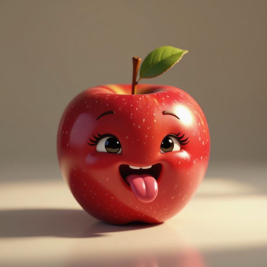 Playful Apple with Cartoon Face Sticking Tongue Out